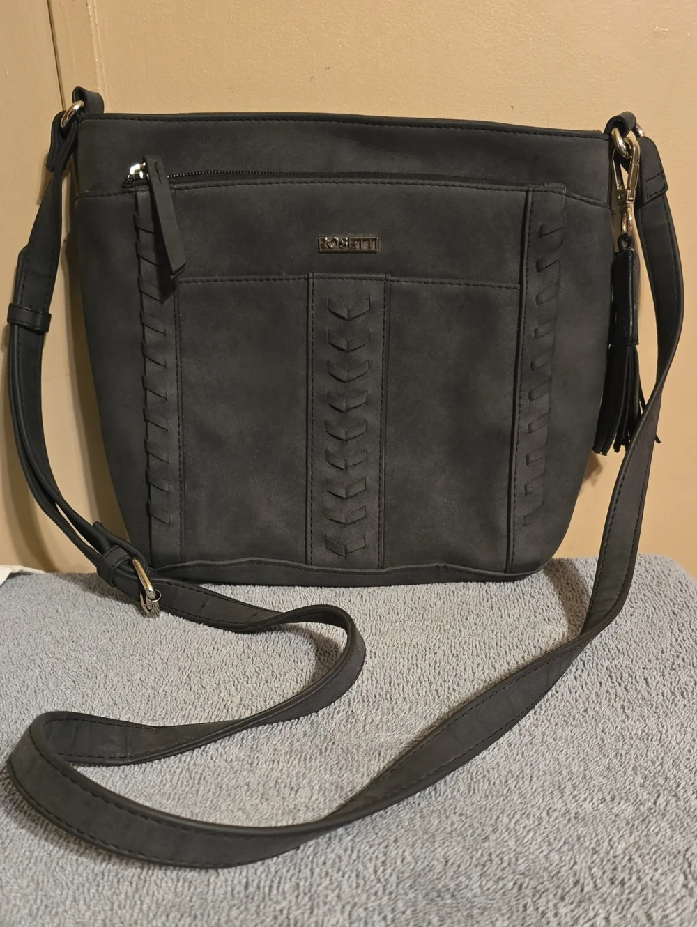Rosetti Charcoal Gray Crossbody Bag with Braided Front Detail